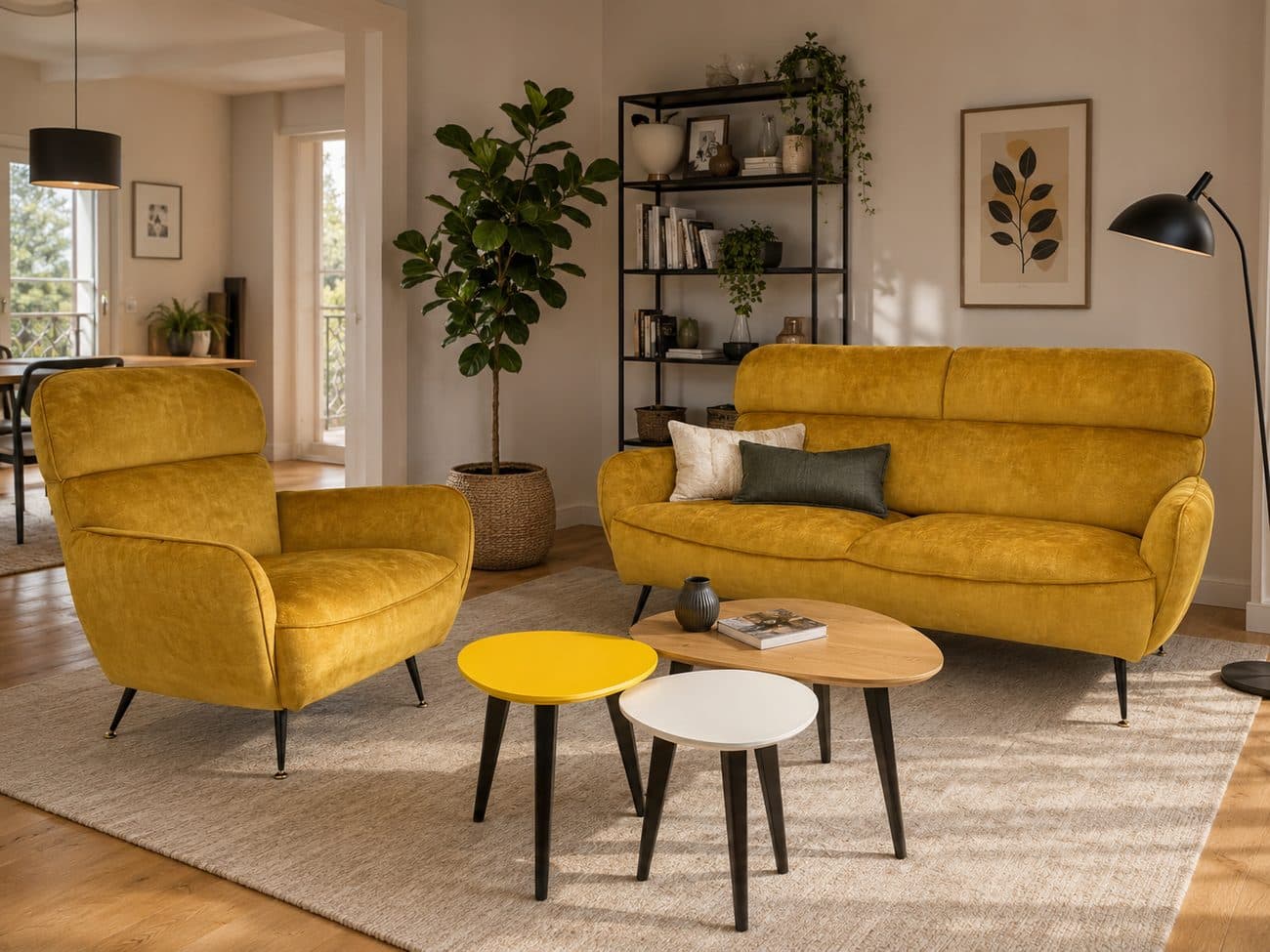 Salon contemporain, canapé jaune